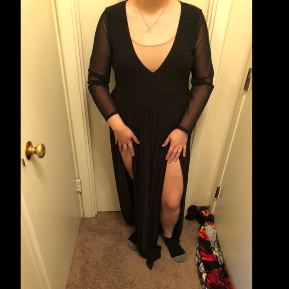 Sexy long black dress with slits and low front